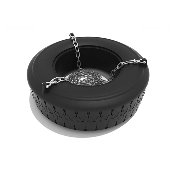 Commercial tire swing seat with chain suspension designed for multi-directional movement and group playground play.